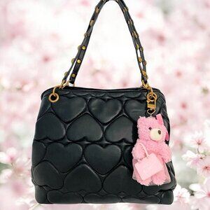 Betsey Johnson Black Heart Quilted Satchel Handbag Purse With Pink Bear Charm